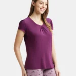 Micro Modal Cotton Relaxed Fit Solid V Neck Half Sleeve T-Shirt - Purple Wine
