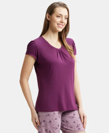Micro Modal Cotton Relaxed Fit Solid V Neck Half Sleeve T-Shirt - Purple Wine